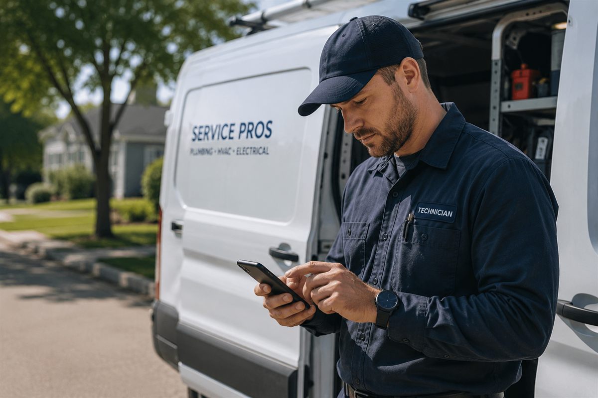 A field service technician using Receiva on his phone beside his work van